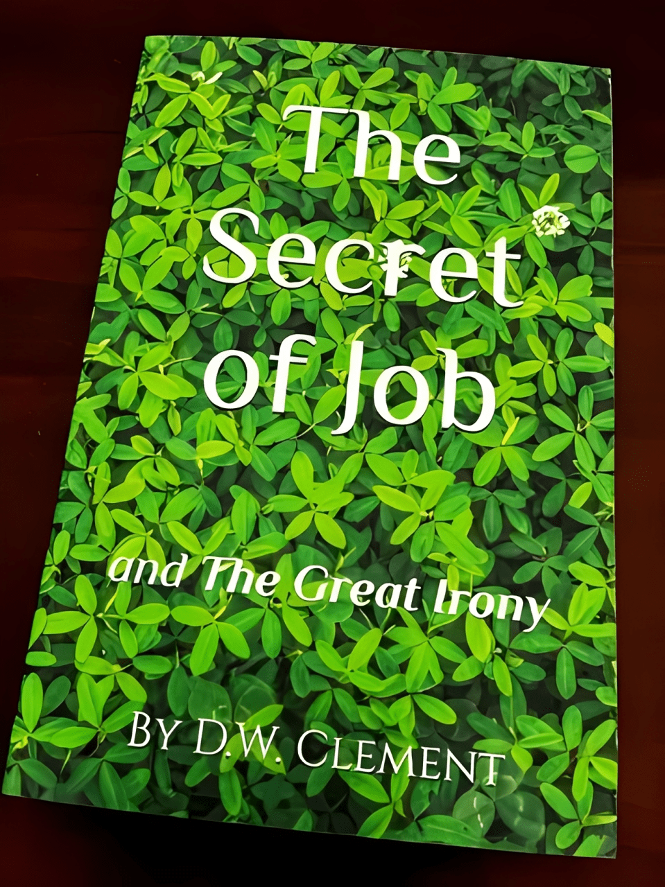 Book titled "The Secret of Job and The Great Irony" by D.W. Clement, featuring a vibrant green leaf background. Ideal for discussions on faith and resilience.