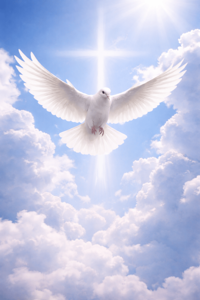 A white dove soars through a bright sky filled with clouds, illuminated by a cross in the background, symbolizing peace and spirituality.