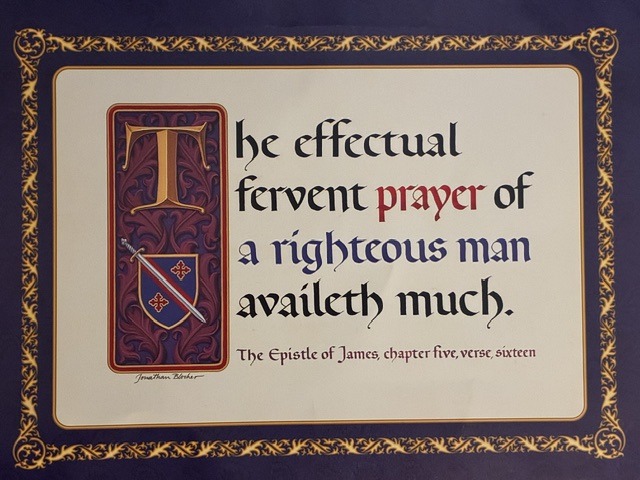 Colorful calligraphy displays the biblical verse from James 5:16, emphasizing the power of a righteous man's prayer. The ornate border enhances its significance.